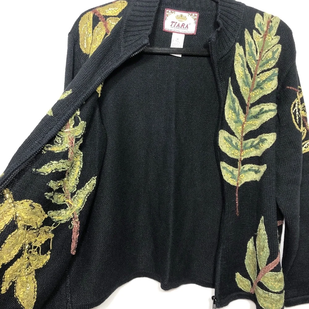 Tiara Embroidered Zip Cardigan Leaf Design Black Size M - Picture 2 of 7
